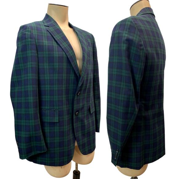 80s Anderson-Little New Englander Blue & Green Plaid Blazer | Sportcoat - Picture 3 of 10
